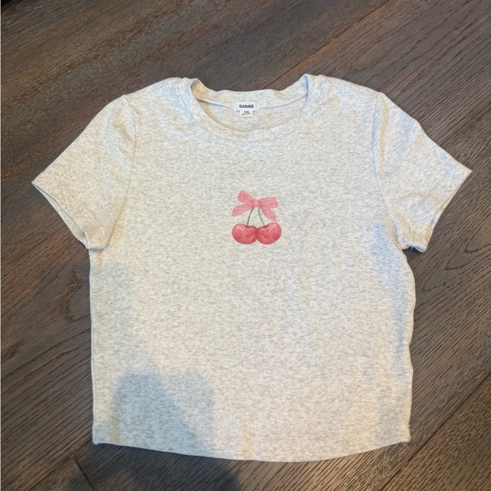 Garage Gray Cropped Tee with Pink Cherry Graphic